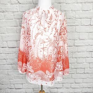 Vintage 70s Red & White Floral & Vine Boho Tie Neck Flowy Top Size M 1970s